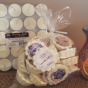 BULK Tart N Tealight Bundle 25 7-Hr Unscented Pure Soy Tea Lights and 24 No-Stick Natural Wax Tarts, Many Scents Fragrances image 1