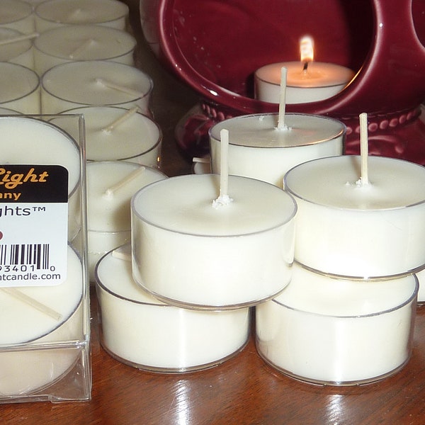 7 Hr Premium Soy Tea Lights - natural white, unscented, long lasting, clear cups, pure soy wax, Country Light Candle