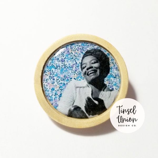 Maya Angelou, Liberty of London, Handmade Wooden Brooch, Collage Art, Pin Badge, Feminist Gifts, Female Writer, Gift for Her, Mother's Day