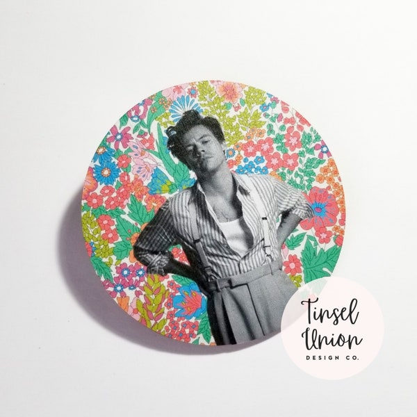 Harry Styles, Liberty of London,  Handmade Wooden Ornament or Magnet, Bright Floral Print, Collage Art, Music Lover Gifts, Best Friend Gift