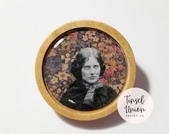Charlotte Brontë, Liberty of London, Handmade Wooden Brooch, Pin Badge, Collage Art, Literary Gift, Book Lover, Female Writer, Mother's Day