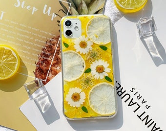 Pressed dried flower, real flower phone case,clear pressed flower phone case , natural wild flower case cover for handmade iphone case lemon