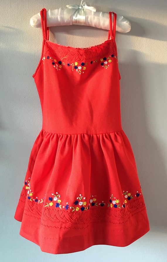 Vintage 1970s Toddler Girl's Red Strappy Dress - S