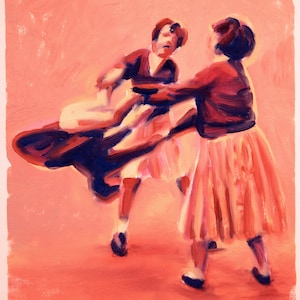May include: Two women in a painting, wearing skirts and dresses, are dancing in a bright orange room. The woman in the front is wearing a red sweater and a pink skirt. The woman in the back is wearing a dark blue dress and a pink skirt.