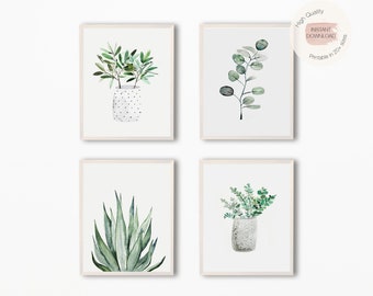Set of 4 Botanical Prints, Eucalyptus Prints, Green Plant Prints, Plants in Pot, Green Leaf Prints, Minimalist Art,Printable Wall Art,Poster