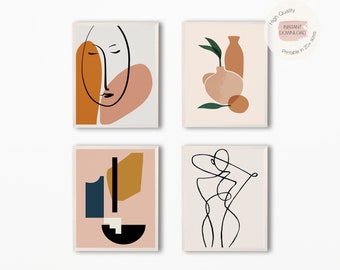 Set of 4 Minimal Wall Art Prints, Terracotta Printable Mid Century Modern Minimal Wall Art, Line Art Fashion,Boho Art Prints,Abstract Prints