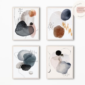 Set of 4 Geometric Abstract Art Prints, Large Wall Art,Printable Wall Art, Blue Grey Watercolor Print, Mid Century Modern Poster, Dots Lines