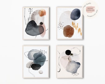 Set of 4 Geometric Abstract Art Prints, Large Wall Art,Printable Wall Art, Blue Grey Watercolor Print, Mid Century Modern Poster, Dots Lines
