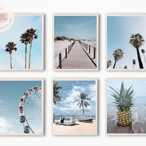 Set of 6 Coastal Print, Summer Photo Prints, Blue Sky Poster,Tropical Palm Tree Poster Print, Ferris Wheel Photo, Pineapple on Beach,Pathway