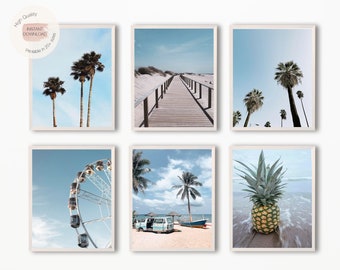 Set of 6 Coastal Print, Summer Photo Prints, Blue Sky Poster,Tropical Palm Tree Poster Print, Ferris Wheel Photo, Pineapple on Beach,Pathway