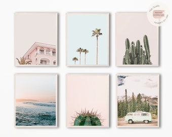 Summer Art Prints Set of 6, Beach Poster, Summer Prints, Sunset Print, Cactus Prints, California Palm Tree Prints, Beach Printable Wall Art