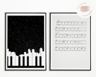 Set of 2 Music Prints, Piano Prints, Musical Staff Poster, Music Poster Print, Black and White Print,B&W Piano Cityscape,Printable Music Art