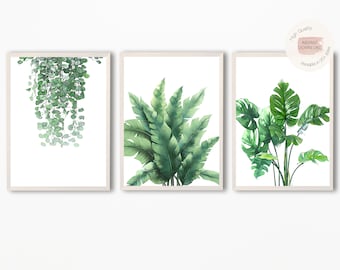Set of 3 Botanical Prints, Eucalyptus Prints,Watercolor Plants, Hanging Plants Prints,Tropical Leaf Prints,Green Leaf Prints,Greenery Poster