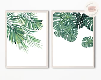 Conjunto de 2 impresiones botánicas, impresiones de hojas tropicales, impresiones de plantas, impresiones de hojas verdes, arte minimalista, arte de pared imprimible, póster verde, arte de la naturaleza