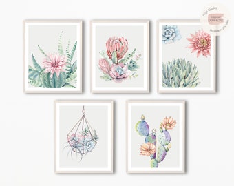 Set of 5 Cactus Prints,Botanical Prints,Watercolor Cactus,Succulent Print,Watercolor Succulent,Large Cactus Wall Art,Plant Print,Green Leaf
