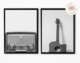 Set of 2 Music Prints, Guitar Prints, Guitar Poster, Music Poster Print, Black and White Print, B&W Photography,Printable Music Art, Speaker
