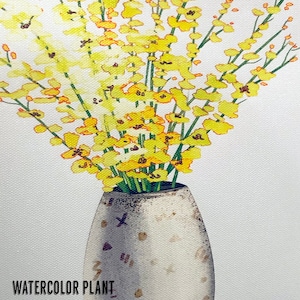 May include: Watercolor painting of yellow flowers in a white vase with brown speckles. The painting is printed on glossy canvas paper. "WATERCOLOR PLANT PRINTED ON GLOSSY CANVAS PAPER" is written in black text at the bottom of the image.