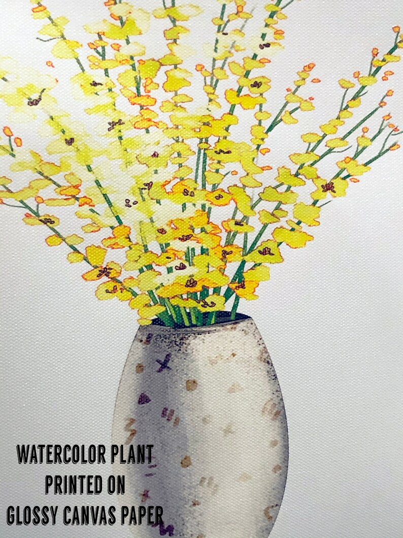 May include: Watercolor painting of yellow flowers in a white vase with brown speckles. The painting is printed on glossy canvas paper. "WATERCOLOR PLANT PRINTED ON GLOSSY CANVAS PAPER" is written in black text at the bottom of the image.