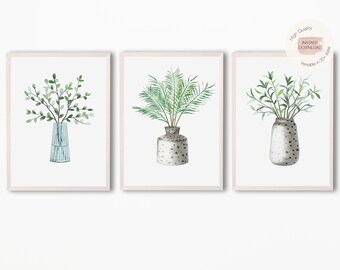 3er Set Botanischer Druck,Eukalyptus Druck,Pflanzendruck,Pflanzentopf,Grünes Blatt Druck,Minimalistische Kunst,Aquarell Pflanze,Druckbare Eukalyptus Pflanze