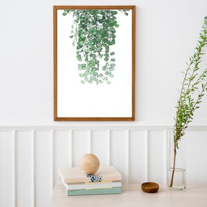 K&ouml;nnte beinhalten: Ein gerahmter Aquarelldruck einer h&auml;ngenden Pflanze mit gr&uuml;nen Bl&auml;ttern vor wei&szlig;em Hintergrund. Der Druck ist an einer wei&szlig;en Wand &uuml;ber einem hellen Holztisch mit einer Holzkugel, einem Stapel B&uuml;chern und einer kleinen Holzschale angebracht.