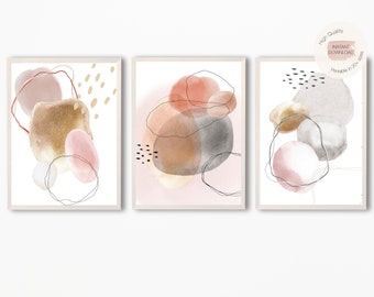 Conjunto de 3 impresiones de arte abstracto geométrico, arte de pared grande, arte de pared imprimible, impresión de acuarela rosa gris blush, cartel de arte moderno del siglo medio