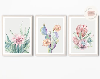 Satz von 3 Kaktus Drucke, botanische Drucke, Aquarell Kaktus, saftig Druck, Aquarell saftig, große Kaktus Wandkunst, Pflanze Druck, grünes Blatt