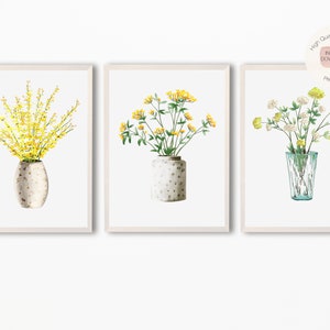 Set of 3 Yellow Flowers Prints,Yellow Pressed Flowers Prints,Botanical Prints,Watercolor Plants,Plant Prints,Plants in Pot,Leaf Print,Yellow