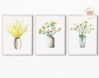 Set of 3 Yellow Flowers Prints,Yellow Pressed Flowers Prints,Botanical Prints,Watercolor Plants,Plant Prints,Plants in Pot,Leaf Print,Yellow