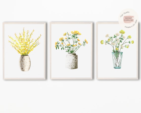 Set of 3 Yellow Flowers Prints,Yellow Pressed Flowers Prints,Botanical Prints,Watercolor Plants,Plant Prints,Plants in Pot,Leaf Print,Yellow