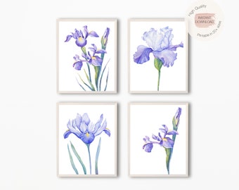 Satz von 4 Iris Aquarell Druck, lila Iris Blume druckbare Wandkunst, Floral Galerie Wandkunst, botanische Druck, minimale Blume Kunst Wand-Dekor