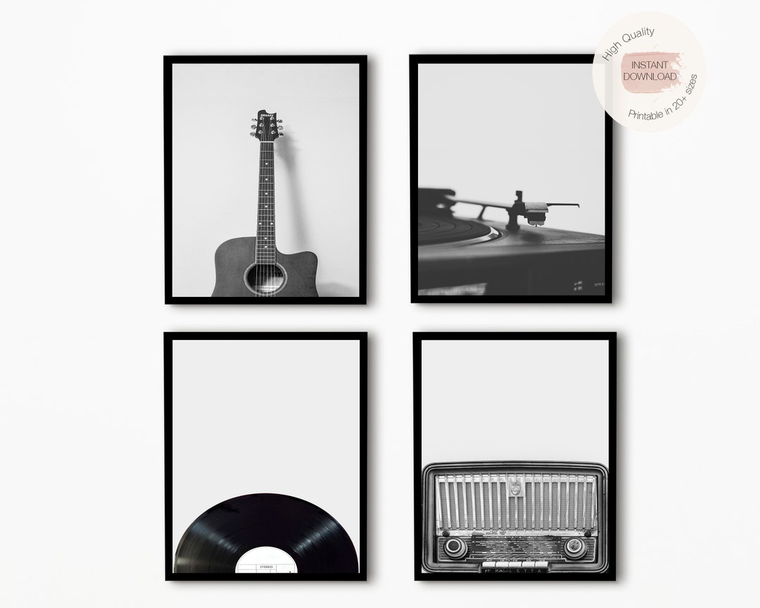 Set of 4 Music Prints,guitar Prints,vinyl Record Prints,guitar Poster,music Poster Print,black