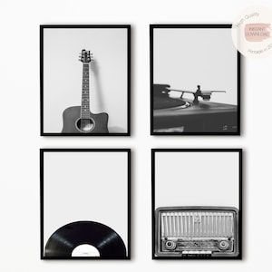 Set di 4 stampe musicali, stampe di chitarra, stampe di dischi in vinile, poster di chitarra, stampa di poster musicali, stampa in bianco e nero, foto in bianco e nero, arte musicale stampabile