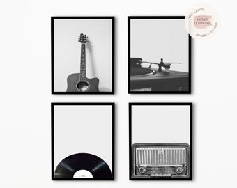 Set of 4 Music Prints,Guitar Prints,Vinyl Record Prints,Guitar Poster,Music Poster Print,Black and White Print,B&W Photo,Printable Music Art