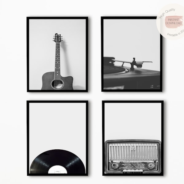 Set of 4 Music Prints,Guitar Prints,Vinyl Record Prints,Guitar Poster,Music Poster Print,Black and White Print,B&W Photo,Printable Music Art