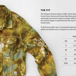 May include: A tie-dye denim jacket with a six-button front closure and button-flap chest pockets. The size chart shows the width and length measurements in inches for sizes XS to XXL.