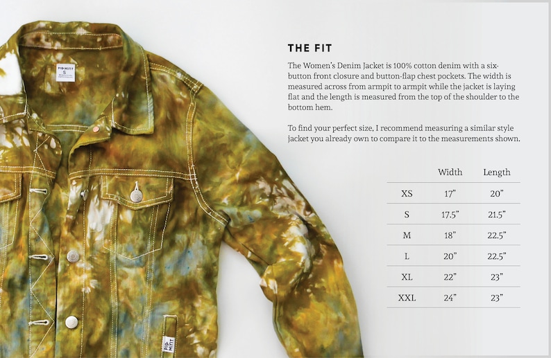 May include: A tie-dye denim jacket with a six-button front closure and button-flap chest pockets. The size chart shows the width and length measurements in inches for sizes XS to XXL.
