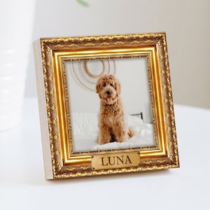 Personalized Gold Frame Style Pet Memorial 4&quot; or 6&quot; - NOT REAL GOLD Frame - Photo Print on Wood - Dog Memorial Frame - Pet Memorial