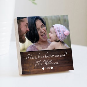 Regalo de fotografía familiar personalizado "Aquí el amor no tiene fin": bloque de fotografía de 4" o 6" con tarjeta escrita a mano, marco familiar personalizado, regalo para mamá