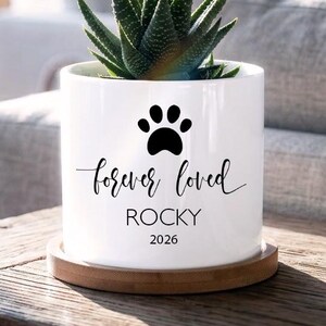 Personalized Dog Memorial Gift Planter - 3" White Ceramic Pot w/ Bamboo Tray - "Forever Loved" - Dog Sympathy Gift - Pet Memorial