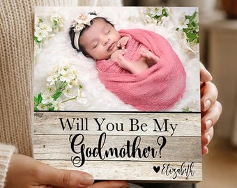 Personalized Godmother Proposal Box - Custom Photo Block 4" or 6" - Godmother Proposal Gift, With Gift Box Options