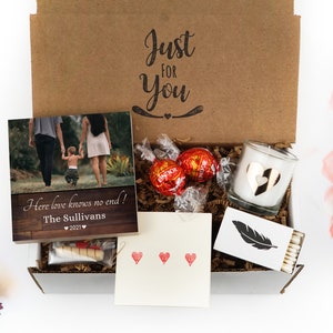 Caja de regalo con foto familiar personalizada: "¡Aquí el amor no tiene fin!" - Bloque de fotos de 4" o 6" con tarjeta escrita a mano - Marco familiar personalizado