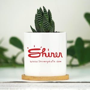 Planter With Custom Business Logo  - 3" Mini White Ceramic Pot w/ Bamboo Tray - Personalized Corporate Gift - Company Gift - Co-worker Gift