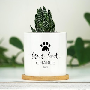 Personalized Dog Memorial Gift Planter - 3" White Ceramic Pot w/ Bamboo Tray - "Forever Loved" - Dog Sympathy Gift - Pet Memorial