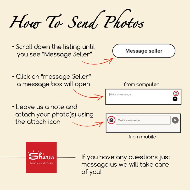 The image provides step-by-step instructions on how to send photos, including scrolling down the listing until you see "Message seller", clicking on "Message Seller" to open a message box, leaving a note and attaching your photos using the attach icon, and writing a message from a mobile device. The image also includes a Shiner logo and encourages users to message the photographer if they have any questions.