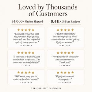 The image is a collage of six customer reviews for a product, with each review described in a few sentences. The reviews are from different customers who loved the product, and they have provided positive feedback about the item's quality, beauty, and customer service. The reviews are from verified ETSY purchases, indicating that the product is from a reputable seller.