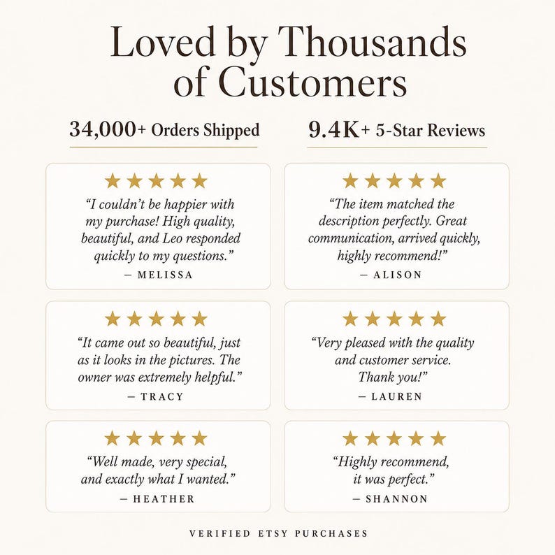 The image is a collage of six customer reviews for a product, with each review described in a few sentences. The reviews are from different customers who loved the product, and they have provided positive feedback about the item's quality, beauty, and customer service. The reviews are from verified ETSY purchases, indicating that the product is from a reputable seller.