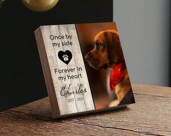 Personalized Pet Memorial "Once By My Side"- 4" or 6" Photo Block w/ Handwritten Card - Dog Memorial Frame - Dog Remembrance Gift