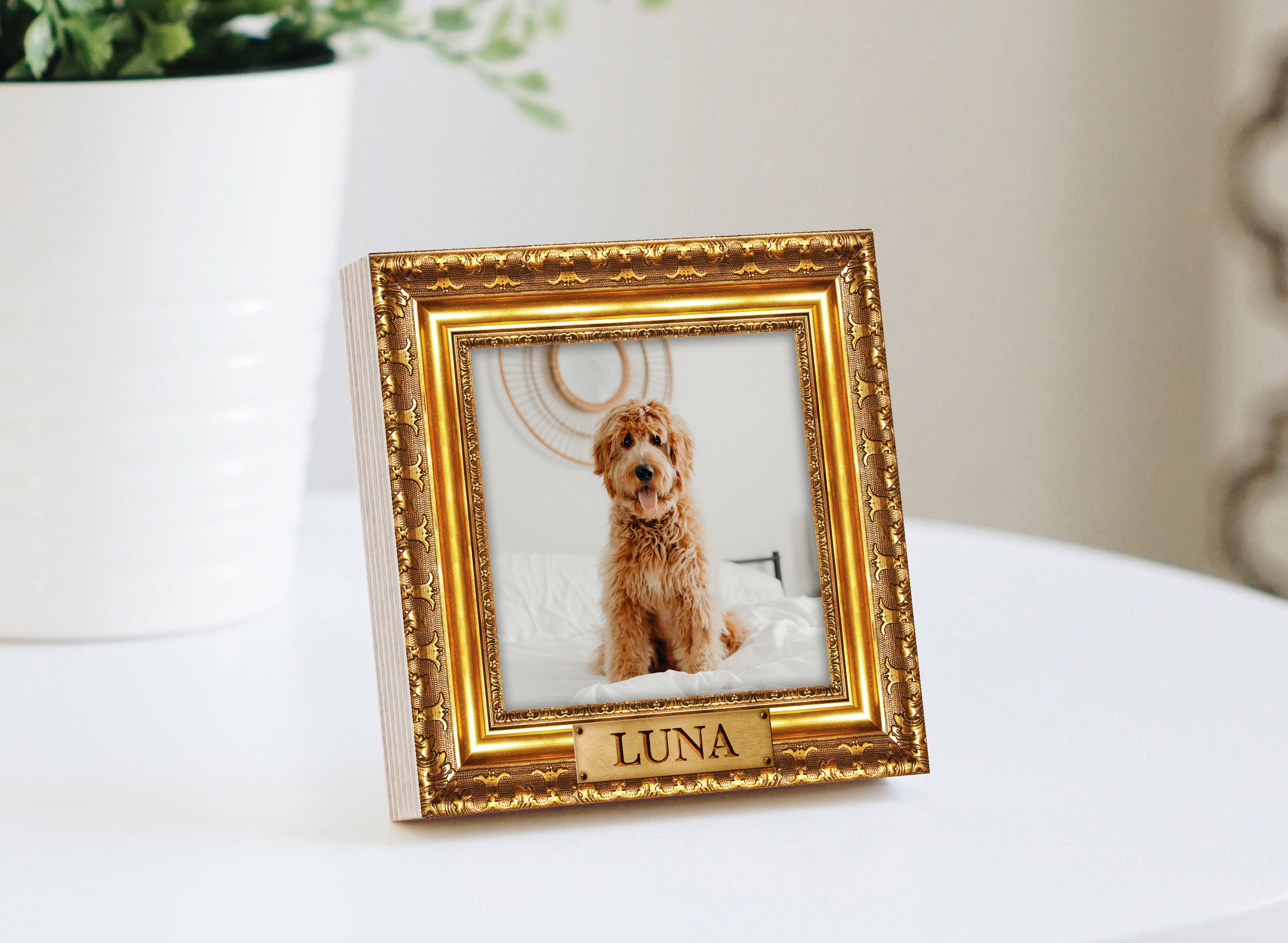 Personalized Gold Frame Style Pet Memorial 4" or 6" - NOT REAL GOLD Frame - Photo Print on Wood - Dog Memorial Frame - Pet Memorial