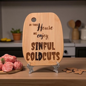 Sinful Coldcuts Wooden Cutting Board – Funny Kitchen Decor, Charcuterie Board, Gift for Meat Lovers