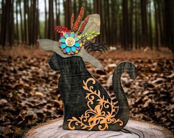 Black Cat / Wooden Decor / Hand Painted / Halloween / Fall